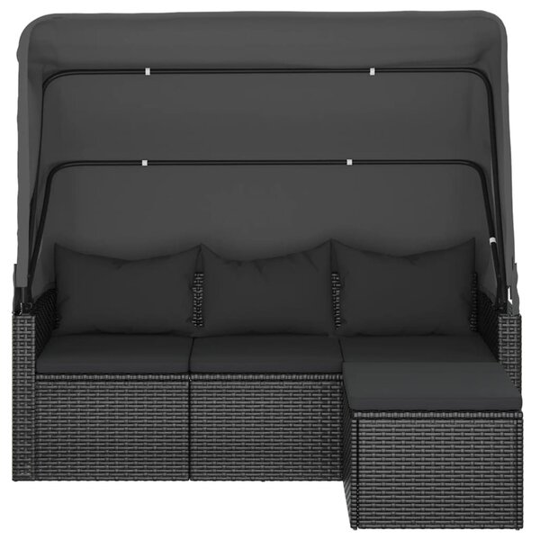 3-személyes fekete polyrattan kanapé tetővel és lábtartóval