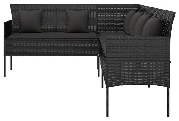 L-alakú fekete polyrattan kerti kanapé párnákkal