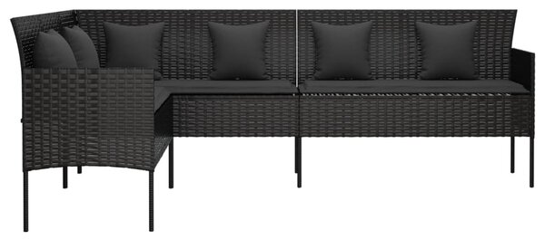 L-alakú fekete polyrattan kerti kanapé párnákkal