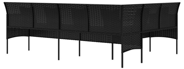 L-alakú fekete polyrattan kerti kanapé párnákkal