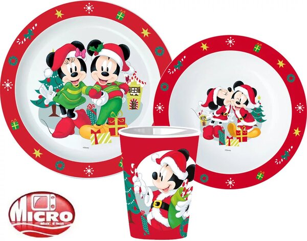 Disney Minnie, Mickey Karácsony étkészlet, micro műanyag szett, pohárral 260 ml
