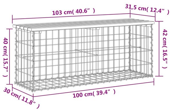 Tömör fenyőfa gabion kerti pad 103x31,5x42 cm