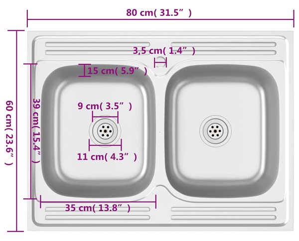 Ezüst rozsdamentes acél dupla konyhamosogató 800 x 600 x 155 mm
