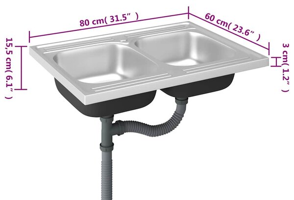 Ezüst rozsdamentes acél dupla konyhamosogató 800 x 600 x 155 mm