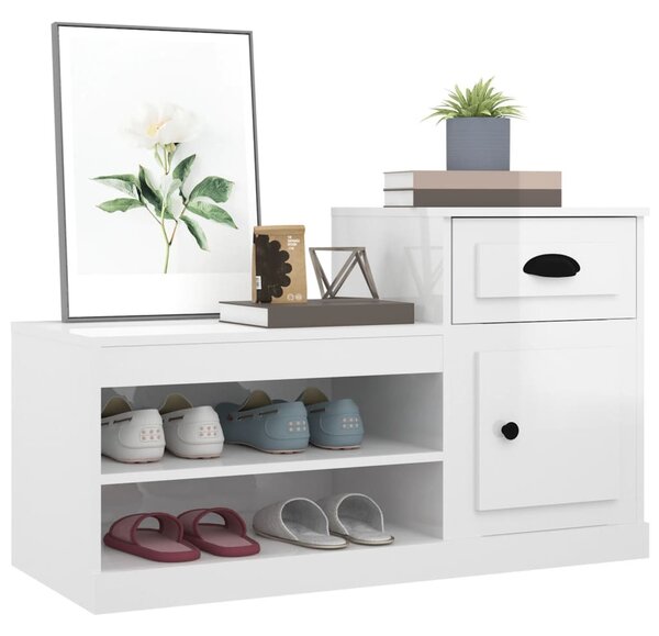 Magasfényű fehér szerelt fa cipőszekrény 100x42x60 cm