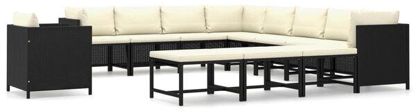 12 részes fekete polyrattan kerti bútorszett párnákkal