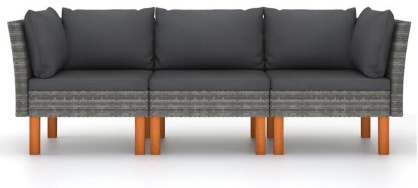 3 személyes szürke polyrattan kerti kanapé párnákkal