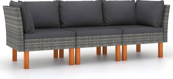3 személyes szürke polyrattan kerti kanapé párnákkal