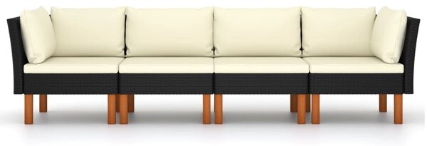 Fekete 4 személyes polyrattan kerti kanapé párnákkal