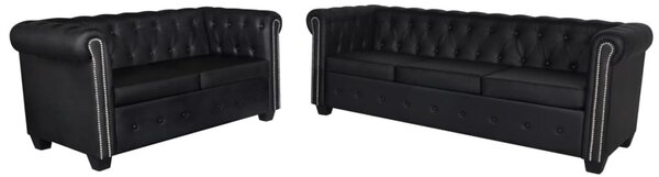 2 személyes és 3 személyes fekete műbőr Chesterfield kanapé