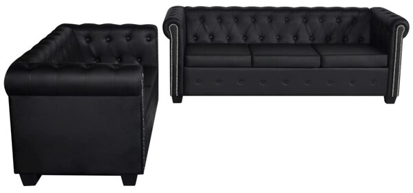 2 személyes és 3 személyes fekete műbőr Chesterfield kanapé
