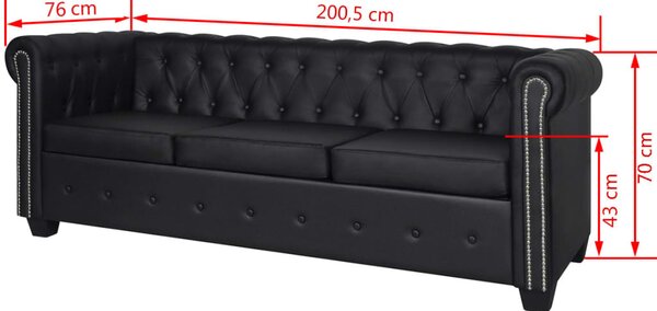 3 személyes fekete műbőr Chesterfield kanapé