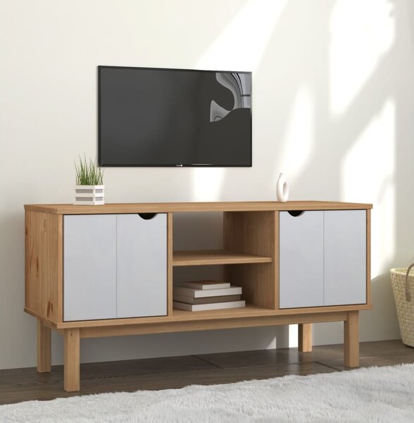 VidaXL OTTA barna és fehér tömör fenyőfa TV-szekrény 113,5x43x57 cm