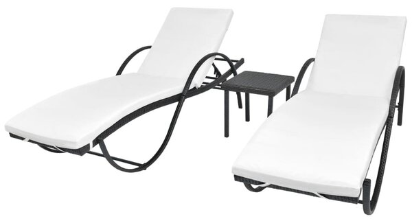 2 db fekete polyrattan napozóágy asztallal