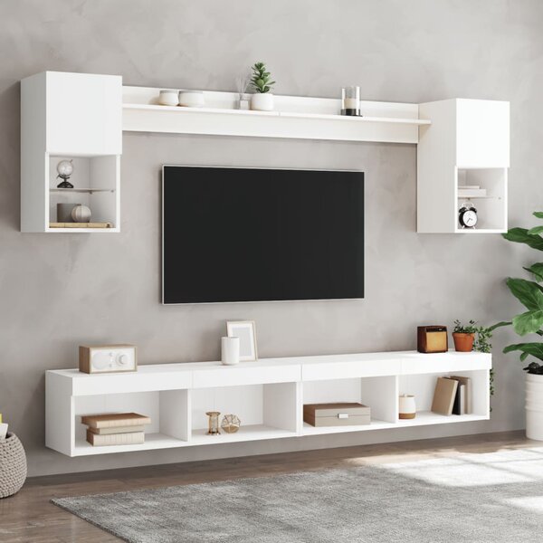 6 darab fehér szerelt fa fali TV-bútor LED-del