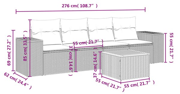 5 részes fekete polyrattan kerti kanapészett párnákkal