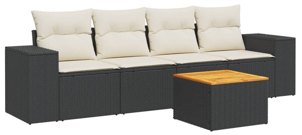 5 részes fekete polyrattan kerti kanapészett párnákkal