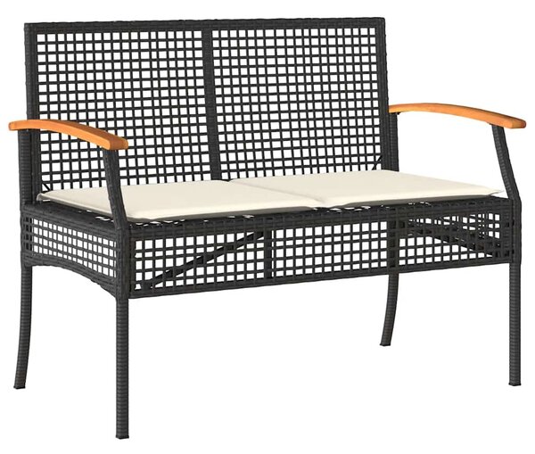 Fekete polyrattan és akácfa kerti pad párnával