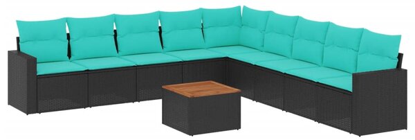 10 részes fekete polyrattan kerti ülőgarnitúra párnával