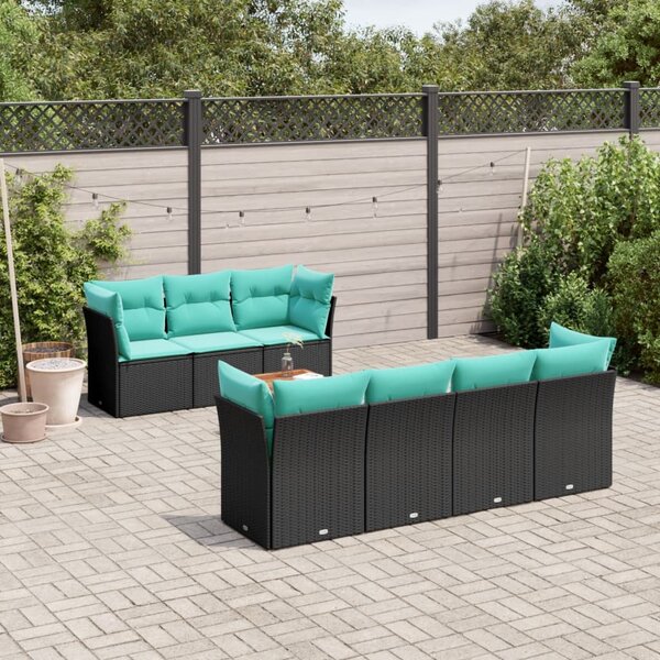 8 részes fekete polyrattan kerti ülőgarnitúra párnával