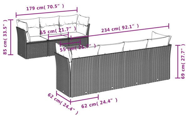 8 részes fekete polyrattan kerti ülőgarnitúra párnával