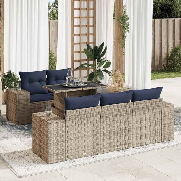 6 részes szürke polyrattan akácfa kerti ülőgarnitúra párnákkal