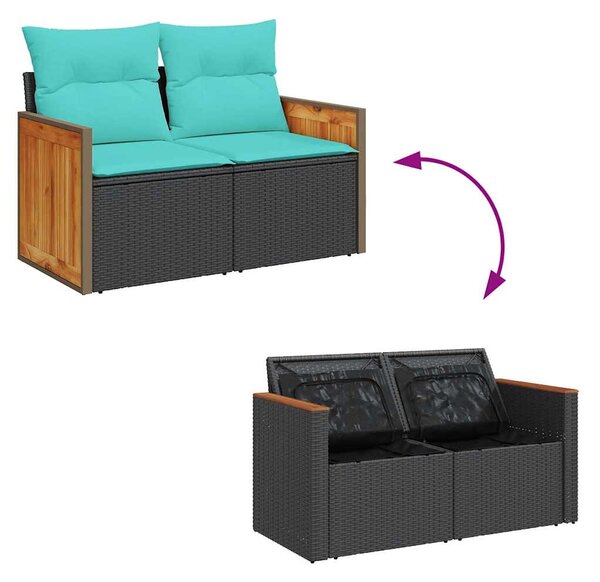 11 részes fekete polyrattan akácfa kerti ülőgarnitúra párnákkal