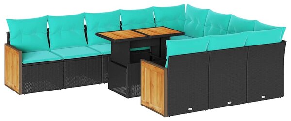 11 részes fekete polyrattan akácfa kerti ülőgarnitúra párnákkal