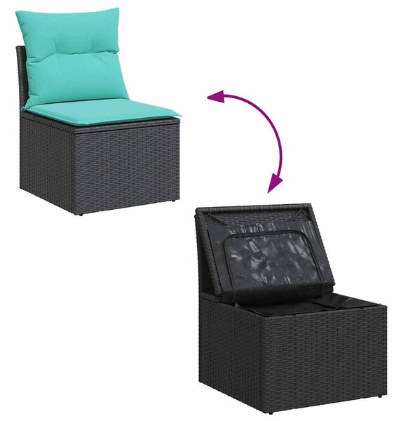11 részes fekete polyrattan akácfa kerti ülőgarnitúra párnákkal