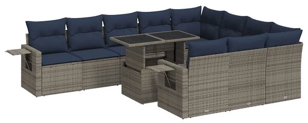 11 részes szürke polyrattan akácfa kerti ülőgarnitúra párnákkal