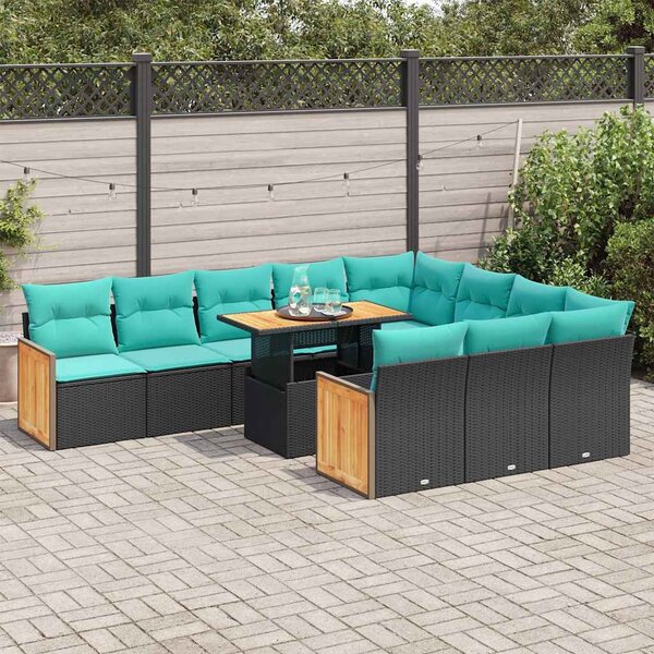 11 részes fekete polyrattan akácfa kerti ülőgarnitúra párnákkal