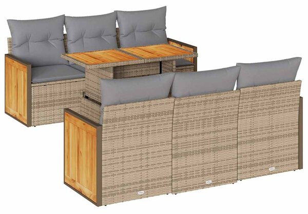 7 részes bézs polyrattan akácfa kerti ülőgarnitúra párnákkal