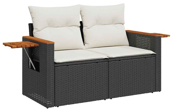 6 részes fekete polyrattan akácfa kerti ülőgarnitúra párnákkal