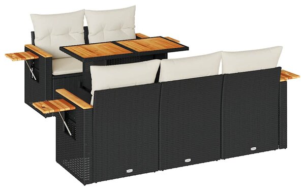 6 részes fekete polyrattan akácfa kerti ülőgarnitúra párnákkal
