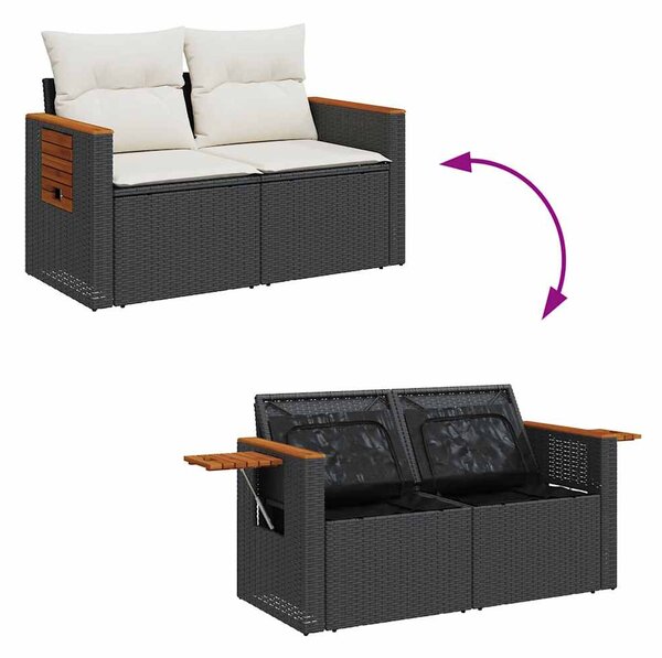 6 részes fekete polyrattan akácfa kerti ülőgarnitúra párnákkal