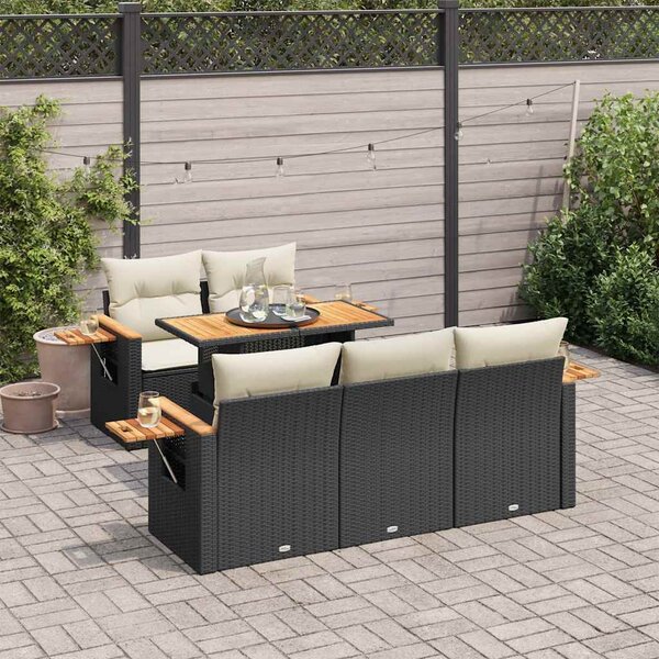 6 részes fekete polyrattan akácfa kerti ülőgarnitúra párnákkal