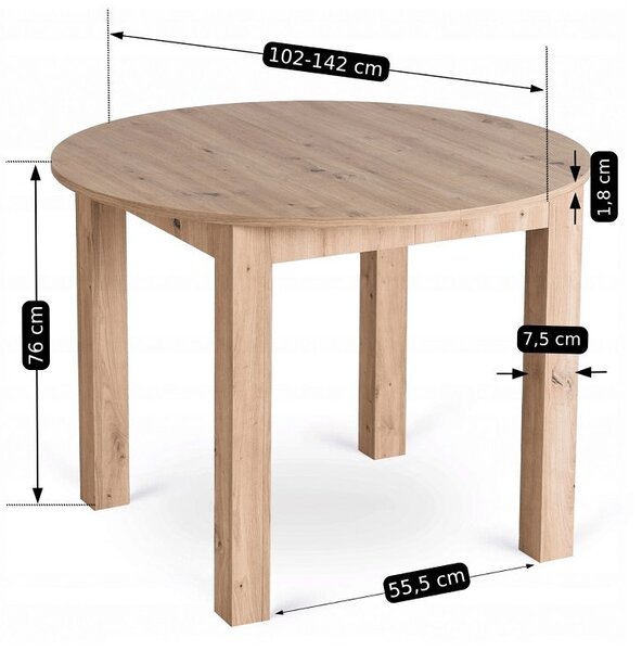 HARRY kihúzható kerek étkezőasztal 102-142 cm, artisan tölgy