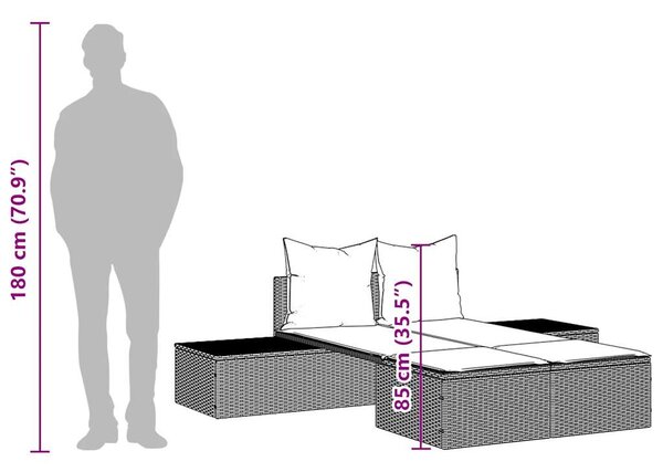 VidaXL barna polyrattan kétszemélyes napozóágy párnákkal