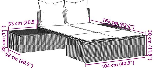 VidaXL barna polyrattan kétszemélyes napozóágy párnákkal