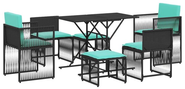 7 db fekete polyrattan kerti étkezőgarnitúra párnákkal