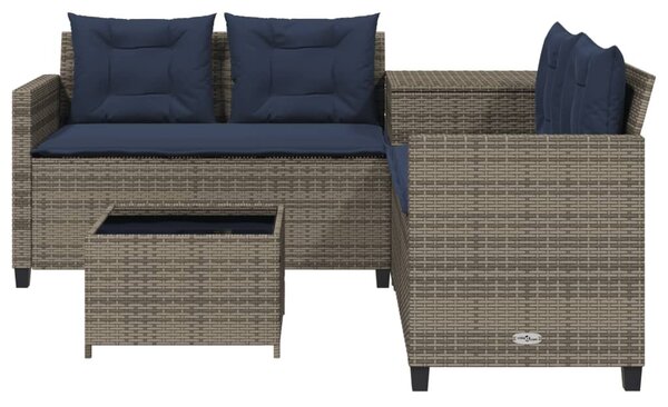 Szürke polyrattan kerti kanapé asztallal és párnákkal L-alakú