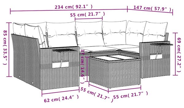 7 db szürke polyrattan kerti kanapégarnitúra párnákkal