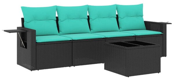 5 db fekete polyrattan kerti kanapégarnitúra párnákkal