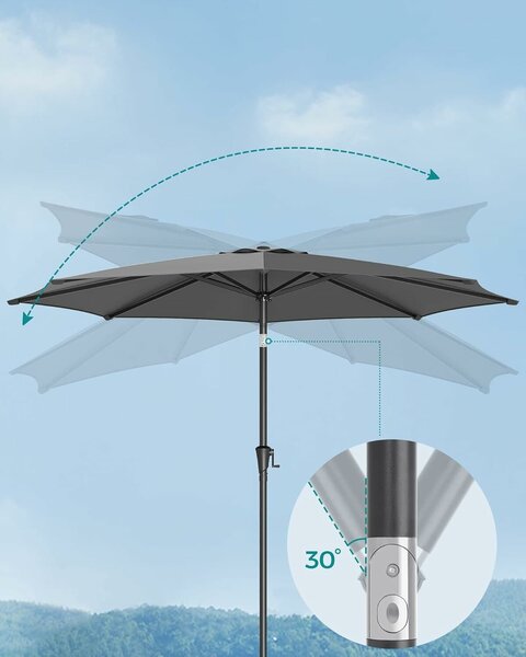 SONGMICS Kerti napernyő karral, 330 cm, UPF 50+, 30°-os dőlés, 8 sugaras fém váz, szürke