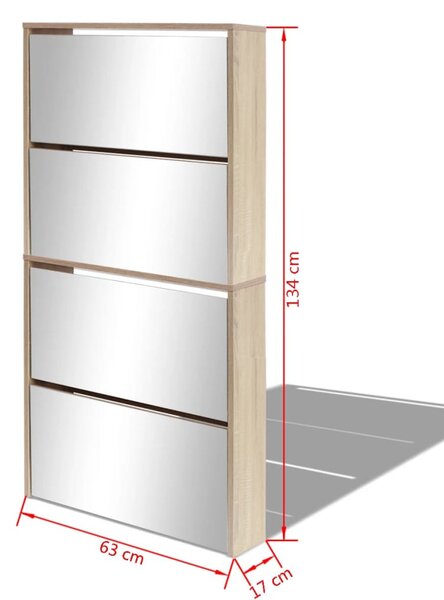 4 szintes tükrös tölgy cipőszekrény 63 x 17 x 134 cm