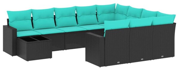 11 db fekete polyrattan kerti kanapégarnitúra párnákkal
