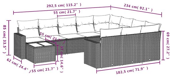 11 db fekete polyrattan kerti kanapégarnitúra párnákkal