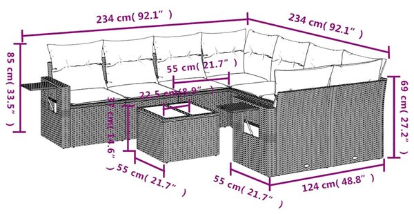 VidaXL 9 db szürke polyrattan kerti kanapégarnitúra párnákkal