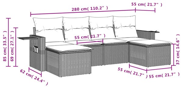 6 db fekete polyrattan kerti kanapégarnitúra párnákkal