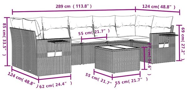 8 db fekete polyrattan kerti kanapégarnitúra párnákkal